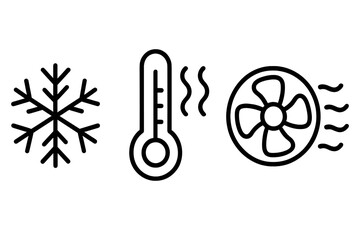 Obraz premium This minimalist black and white graphic displays three distinct scientific symbols including a microscopic virus, a liquid thermometer, and a biological cell structure.