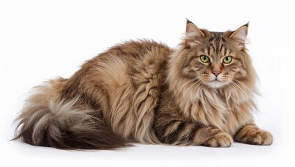 Fototapeta premium Norwegian forest cat with fluffy doublelayered coat and bushy tail, green eyes, lying down on white background
