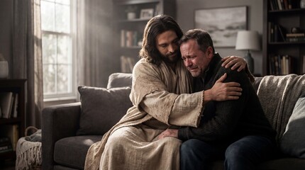 Obraz premium Jesus Christ Comforting Crying Man on Sofa in Living Room, Expressing Empathy and Spiritual Support