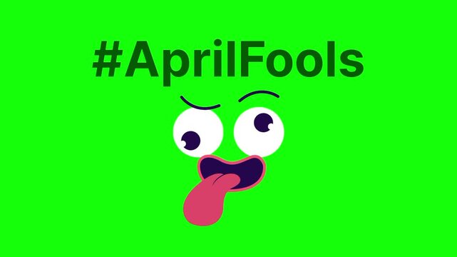 April Fools Day text animation concept with silly pranked face vector icon symbol popup. Animated black word design, editable lettering motion graphic video template with green screen background.