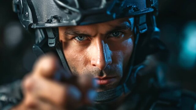 Dramatic close-up of soldier in tactical gear pointing at camera, faceless intense gesture, law enforcement confrontation, security training scenario, direct engagement moment, wit