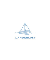 Fototapeta premium Sailboat on Water with Wanderlust Text, Minimalist Line Art Illustration