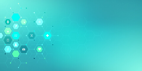 Medical background and healthcare technology with flat icons and symbols. Concept and idea for health care business, innovation medicine, health safety, science, medical research, and development.