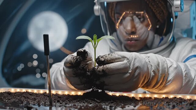 Astronaut plants green seedling in soil for space agriculture. Mars colonization with astronaut planting seedling. Space farming shows astronaut with plant. Soil planting in spacesuit for mars.