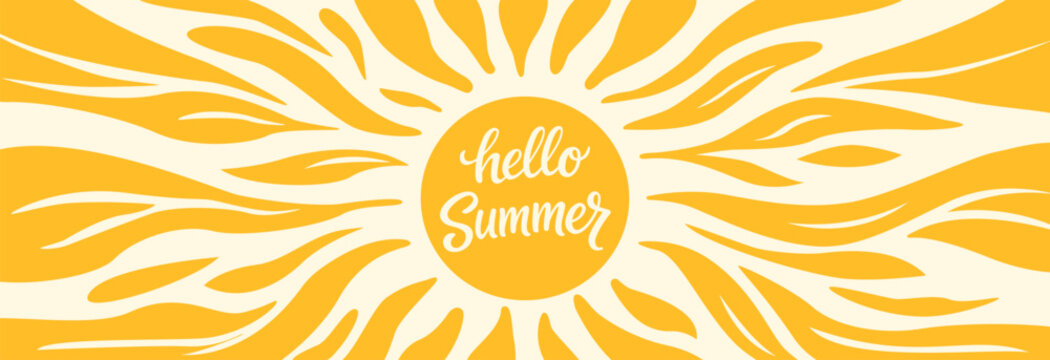 Handwritten lettering: Hello, summer, inside the sun with sunbeams. Beautiful printable lettering. Flat vector illustration isolated on a white background.