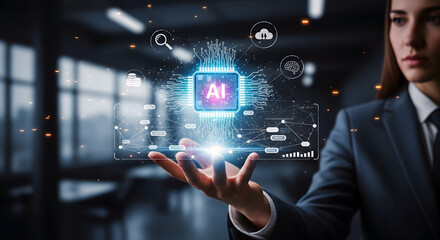 Fototapeta premium artificial intelligent search on hand with copy space