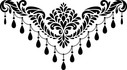 Ornate decorative motif silhouette illustration, symmetrical floral and leaf design, elegant hanging ornaments, beaded chain elements, ornamental vector artwork © MSTAMENA