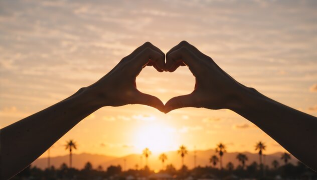 Silhouette of hands making a heart shape against a sunset sky. Love and romance concept with palm trees in the background