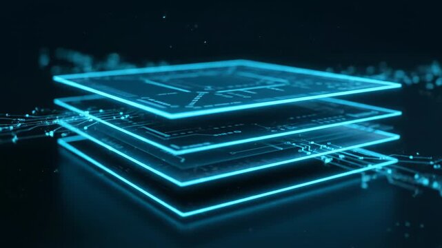 Digital Data Layers Abstract Background with Glowing Blue Lines and Circuitry.
