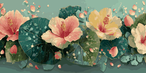Vibrant tropical hibiscus flowers and exotic green leaves watercolor illustration set © DARK TRUST