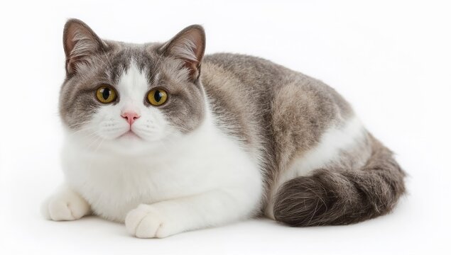 Felted gray and white scottish fold cat model with folded ears and expressive eyes on white background