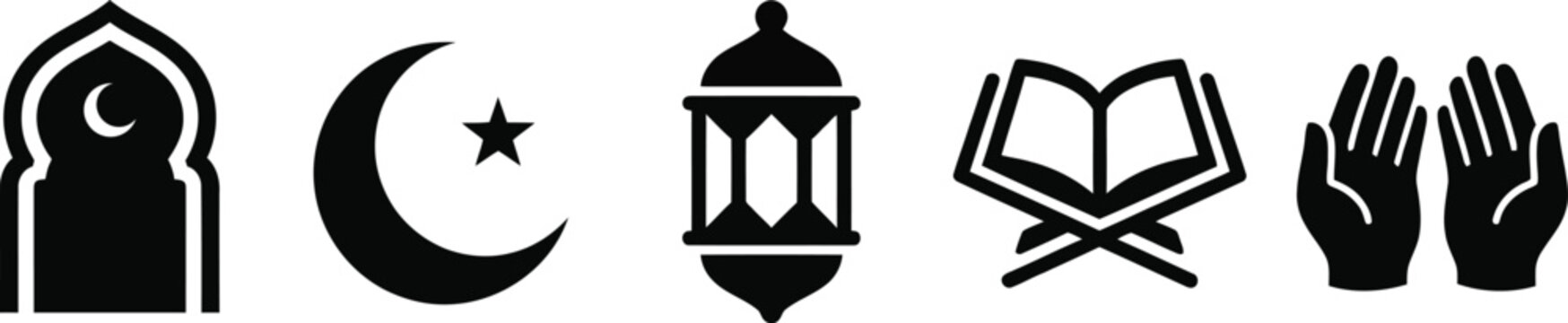A clean, horizontal row of essential Ramadan silhouette icons. This minimalist vector set includes a mosque archway, crescent moon, hanging lantern, open Quran, and praying hands