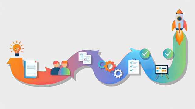 Business Process Diagram: This image depicts a colorful and dynamic business process, illustrating stages of growth and project development.