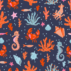 Hand draw ocean seamless pattern in vector format. Naive art sea animals with coral, crab and seahorse on dark background © Diana