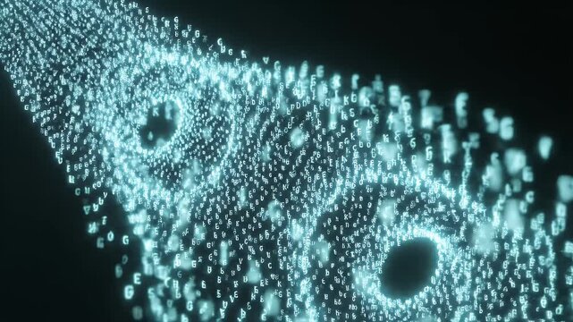 Glowing Teal Characters on Dark Background - Abstract pattern of glowing teal characters forms a tunnel like shape in a dark environment. The characters are flowing in a stream like motion.