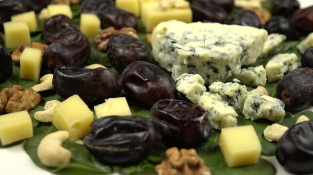 Blue cheese, cheese Emmental, walnuts, cashews, dates and spinach. Ingredients for a vitamin-rich salad, background, slow motion, side view