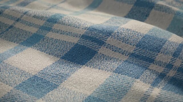 Light Blue and White Plaid Fabric Texture - A close-up shot showcases a textured fabric featuring a plaid design in soft light blue and white.