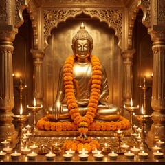 Fototapeta premium Golden Buddha Statue Adorned with Marigold Garlands Meditating in a Temple Surrounded by Lit Oil Lamps for Spiritual Worship and Peace