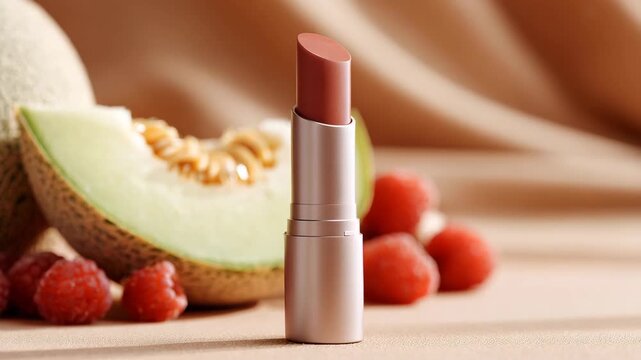 Ultra HD Nude Matte Lipstick Tube with Sliced Cantaloupe Melon and Raspberries, Fruit Infused Beauty Concept video