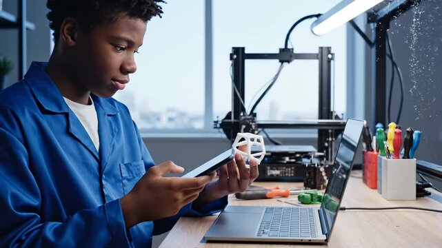 Young engineer examines 3D printed prototype with tablet at desk. Engineer checks prototype using tablet near 3D printer. Young professional works with 3D printed part and tablet in lab.