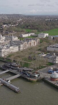 Vertical aerial view of Greenwich in London, with the Old Royal Naval College and Cutty Sark