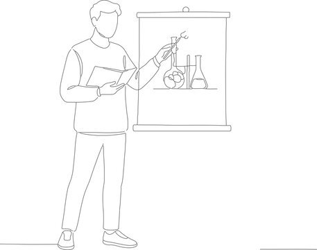 Linear Handdrawn Standing Professor Explaining Laboratory Equipment on Whiteboard Illustration