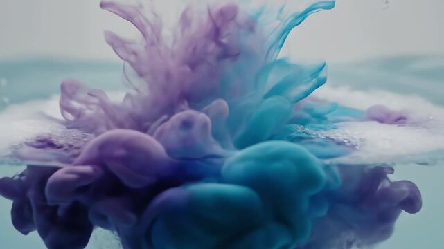 Dynamic close-up of a colorful bath bomb dissolving in water, releasing vibrant pigments and fizz for a transformation concept