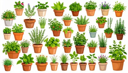Collection of diverse green potted plants in terracotta pots on white background