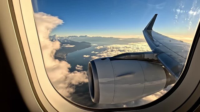 Airplane Window Wing View - A stunning aerial view of an airliner's wing and engine is captured from an airplane window. The landscape below is a mix of clouds, water, and land.