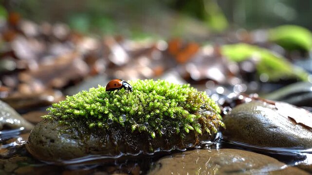 Moss covered rocks in wet environment.