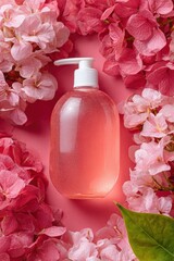 Pink liquid soap bottle among pink hydrangea flowers on vibrant background