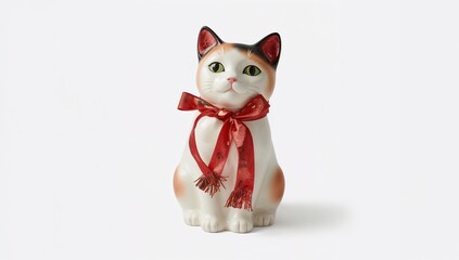 Ceramic cat figurine with festive red sash  decorative calico ornament for holiday and gift display