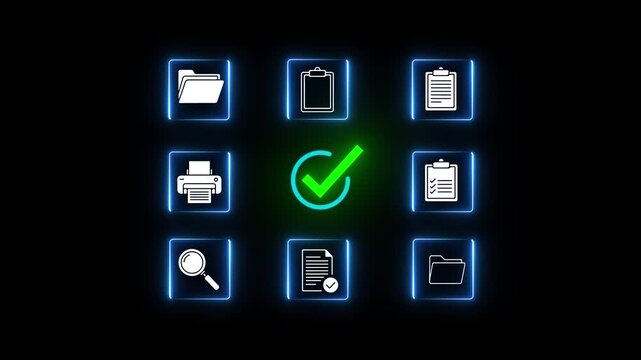 Neon glowing document verification blockchain network with digital check mark icon showing secure data validation system, online approval process, and cyber security technology concept 4k animated.