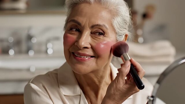 Senior Woman Applying Liquid Makeup - A smiling senior woman is shown applying liquid makeup to her face with a brush. She is using a cosmetic brush to apply blush to her cheeks.