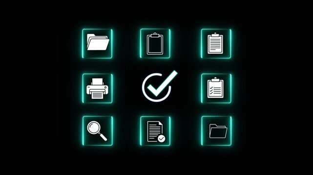 Neon glowing document verification blockchain network with digital check mark icon showing secure data validation system, online approval process, and cyber security technology concept 4k animated.