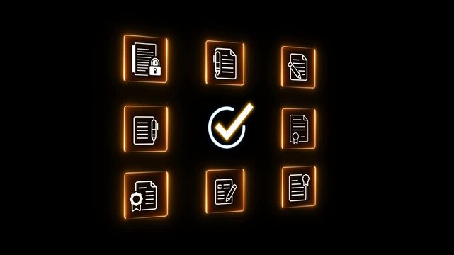 Neon glowing document verification blockchain network with digital check mark icon showing secure data validation system, online approval process, and cyber security technology concept 4k animated.