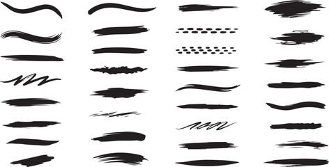 Collection of various black brush strokes on a white background for artistic use.