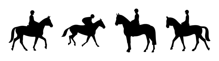 Fototapeta premium Four horse riders galloping in silhouette flat design vector illustration