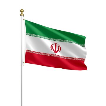 Waving Iranian flag on silver pole with gold finial