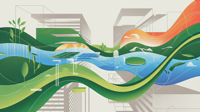 Harmony of Architecture and Nature: An artistic rendering merges modern building structures with natural elements, evoking a sense of environmental consciousness and sustainable design. 