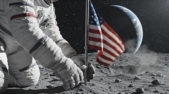 Astronaut plants flag on the moon - Astronaut in spacesuit planting an American flag on the surface of the moon. Earth is visible in the background, in the dark starry sky.