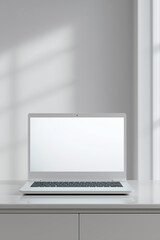Fototapeta premium Front view of an open laptop with a blank screen on a minimal desk with copy space