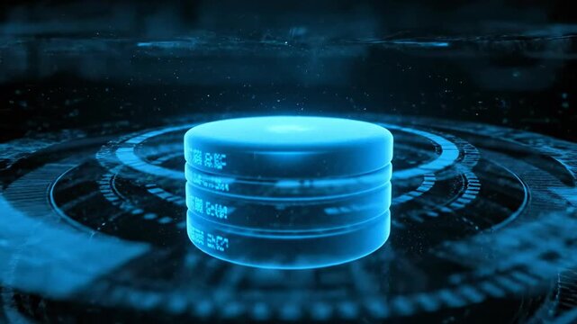 Futuristic Holographic Database Server with Glowing Blue Light and Digital Interface in a Dark Environment.