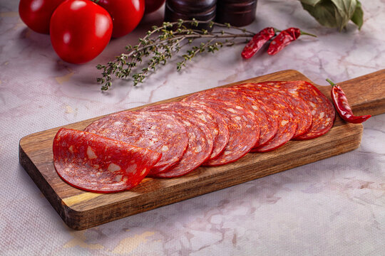 Spicy sliced chorizo sausages snack