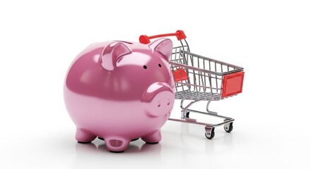 Glossy Pink Piggy Bank and Metal Shopping Cart 3D Render for Savings and Shopping Budget Concept isolated on White Background