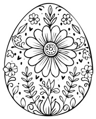 Decorative Easter egg with intricate floral pattern, outline drawing for coloring pages or holiday design projects