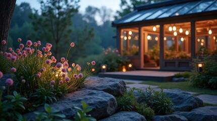A botanical greenhouse is present during twilight, showing a navy podium nearby. Flowers grow among the rocks, and the background is blurred with soft lights 