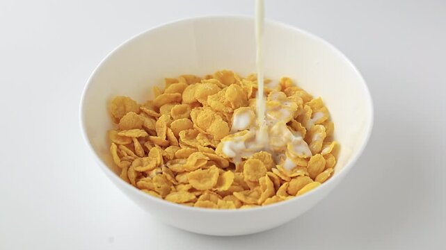 Whole grain cereals pouring fresh milk for breakfast, healthy breakfast