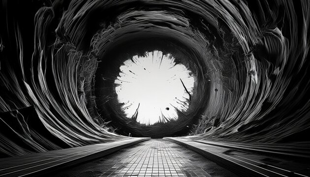 a black and white photo of a tunnel with a large hole in the middle