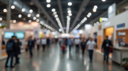Obraz premium Blurred indoor exhibition hall filled with people walking through exhibit booths and bright lights 